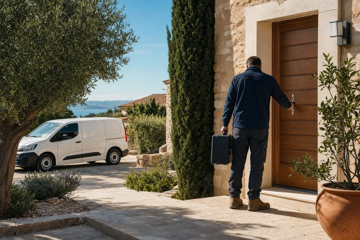 Serrurier intervenant sur la porte d'entrée d'un appartement en Provence